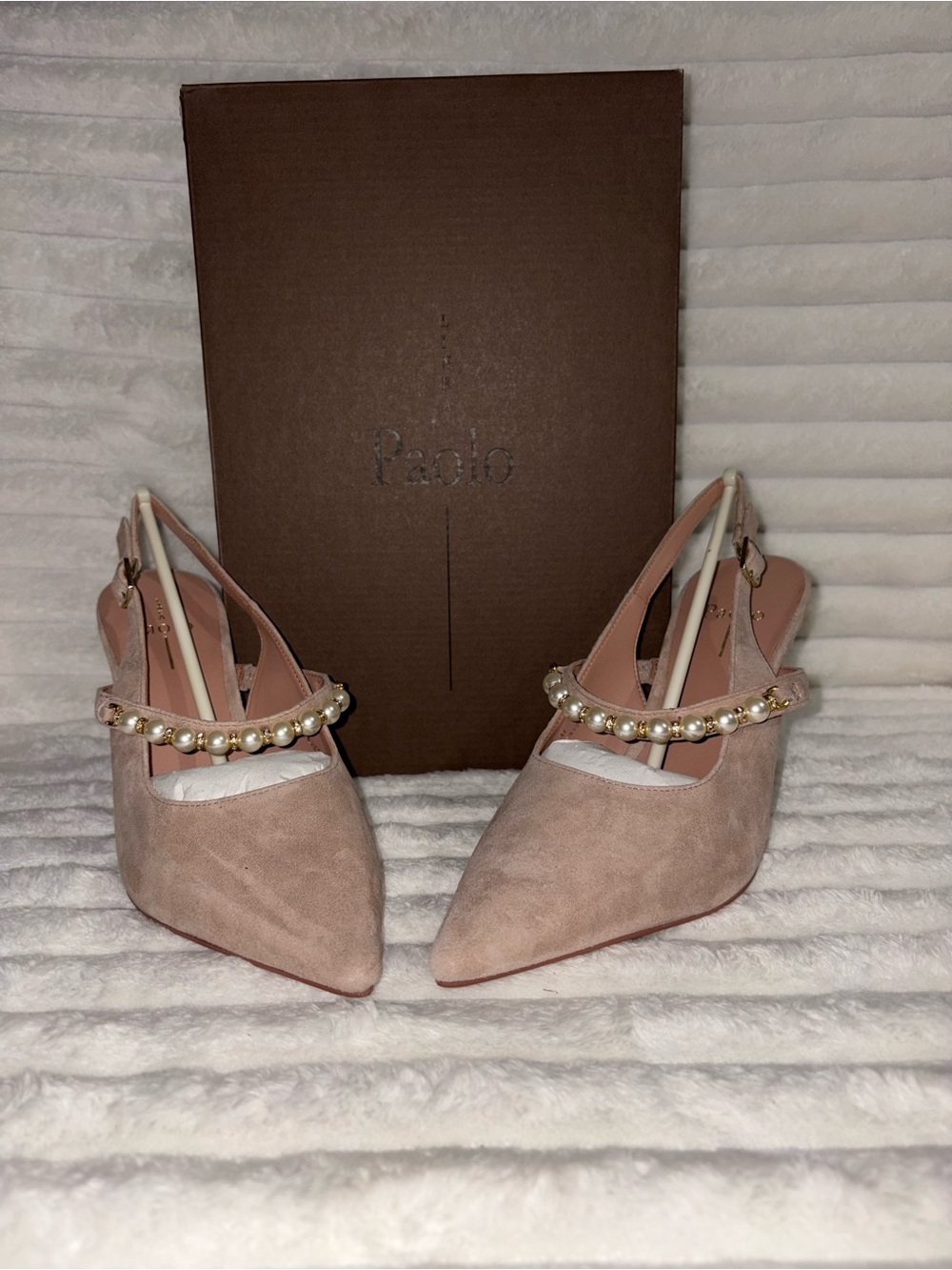 Linea Paolo Beige Pearl-Strap Pointed Authentic Kid Suede Heels 9.5M